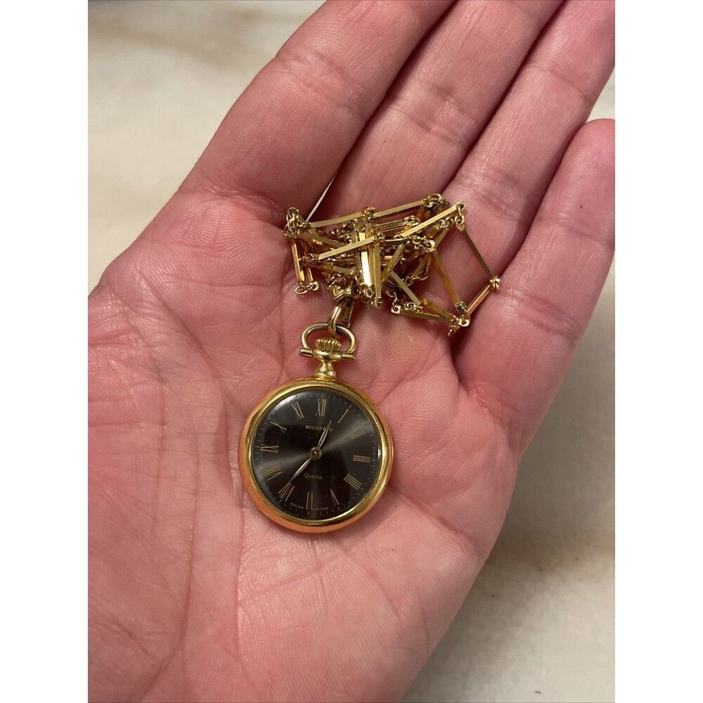 BUCHERER Pocket Watch Necklace Pendant Etched Swiss Made Quartz Black AS-IS